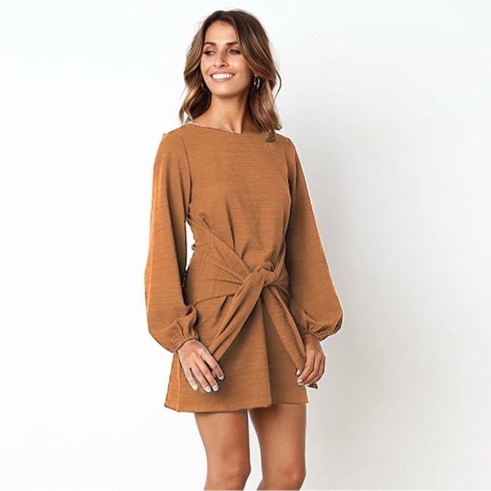 Lantern Sleeve Tie Waist Knit Dress